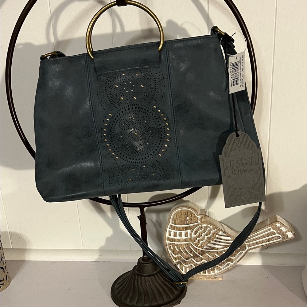 T-Shirts & Jeans slate blue handbag with Gold Accents and shoulder strap
